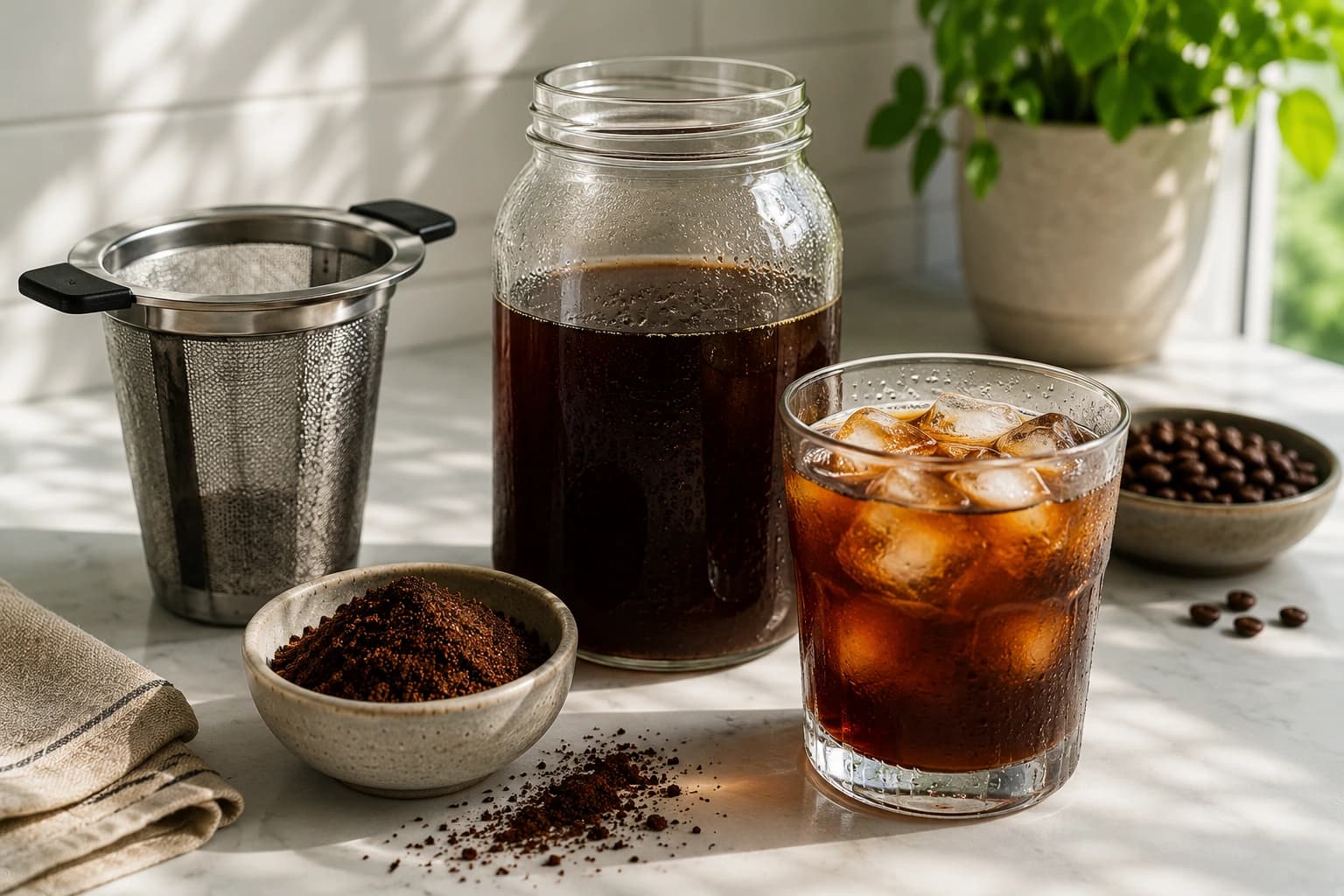 Cold brew coffee setup with jar, filter, coarse grounds, ice, and brewed cold brew.