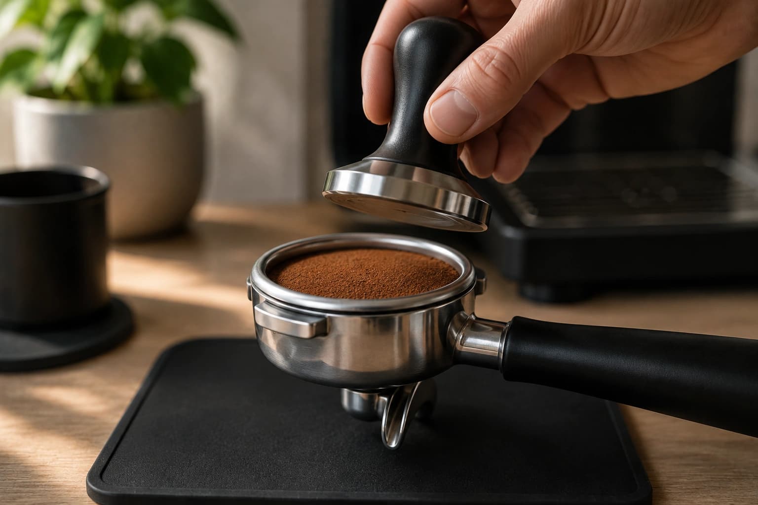 Hand holding a level tamper above evenly distributed coffee in an espresso portafilter during puck preparation.