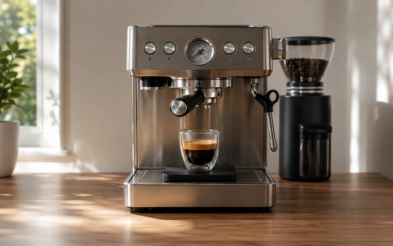 Home espresso workstation with a stainless-steel machine, burr grinder and a double espresso in a glass on a digital scale.