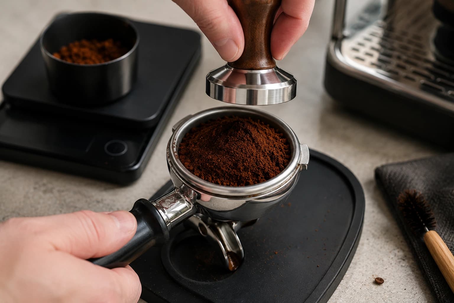 Hand tamping freshly ground espresso in a portafilter on a tamping mat beside a scale and brush.