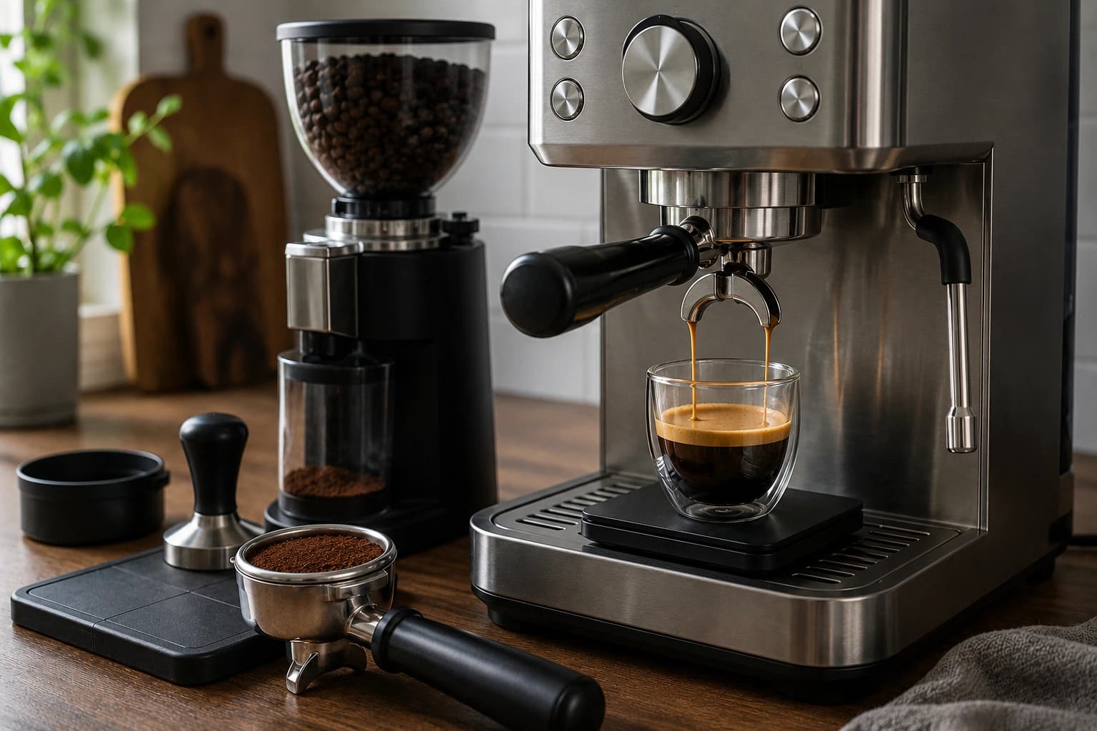 Home espresso machine pulling a double shot with grinder, tamper and scale on a kitchen counter