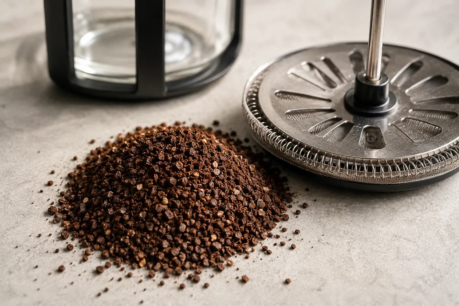 Hot water poured into a French press with coarse coffee grounds and beans nearby.