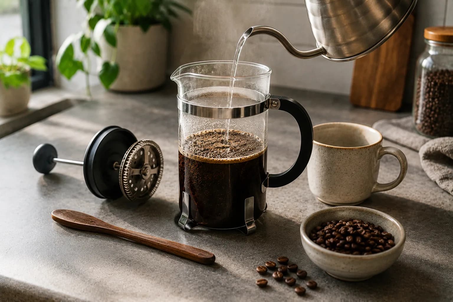French press coffee brewing with hot water, coarse grounds, beans, mug, and plunger on a counter.