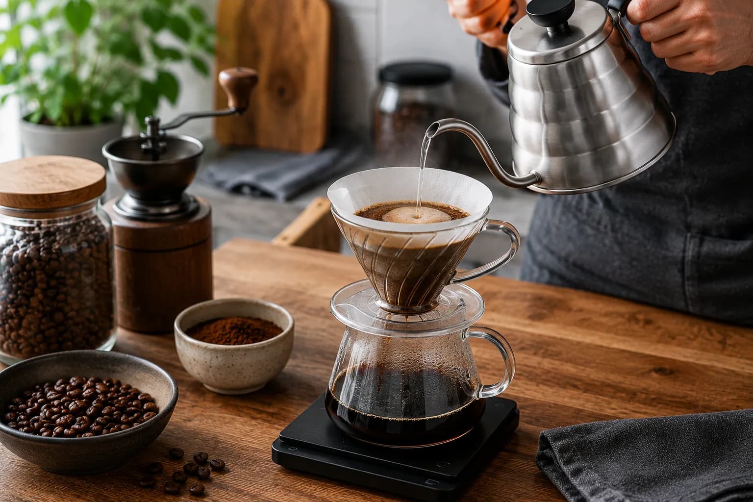 Gooseneck kettle pouring water over coffee grounds in a paper-filter dripper