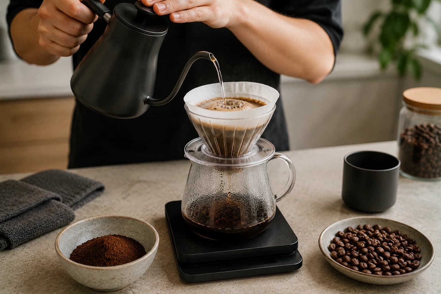 Brewer making pour over coffee with a gooseneck kettle, filter dripper, server, and digital scale
