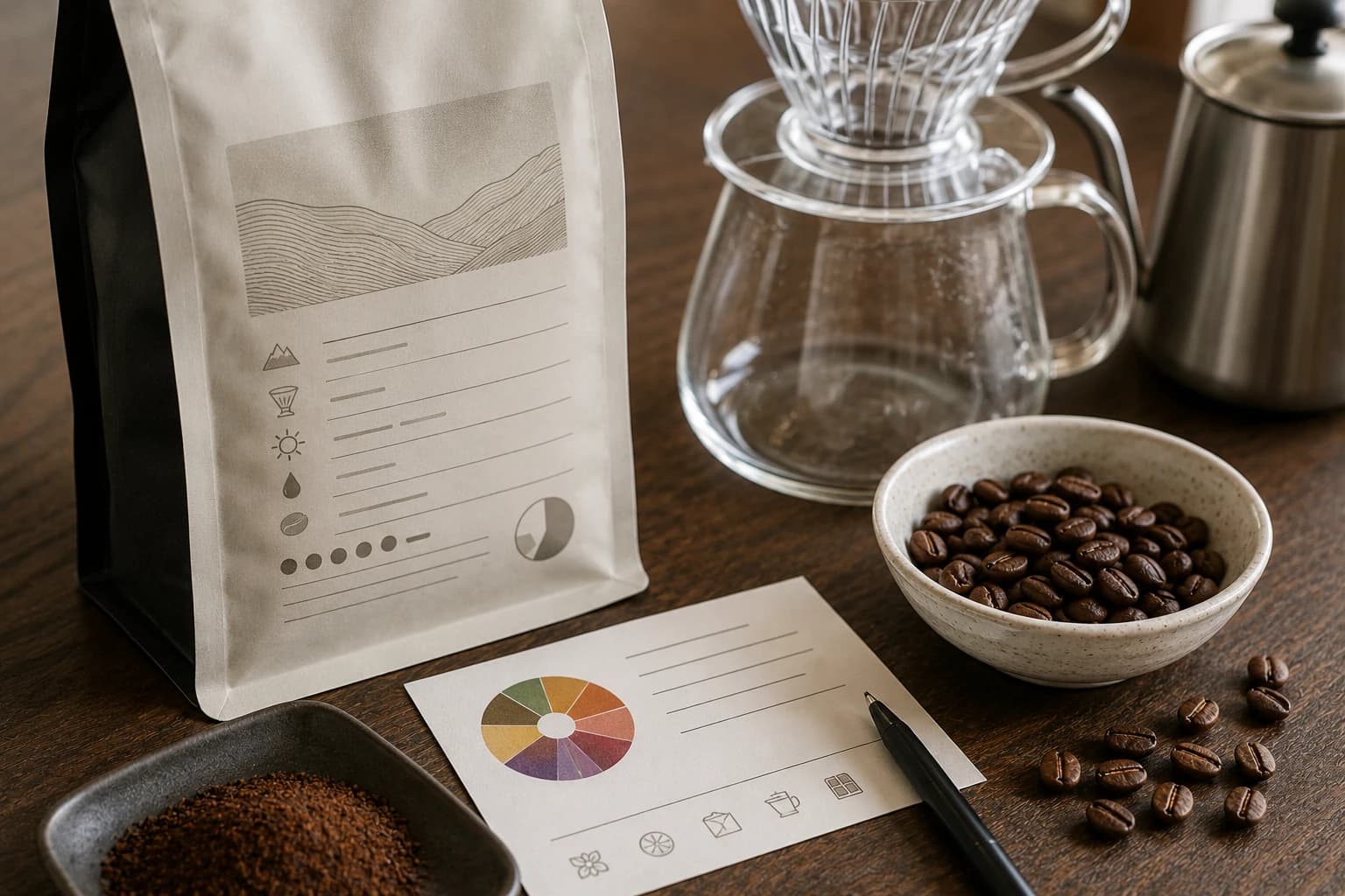 Specialty coffee bag label with origin, process, roast date, and tasting notes beside beans and a notebook.