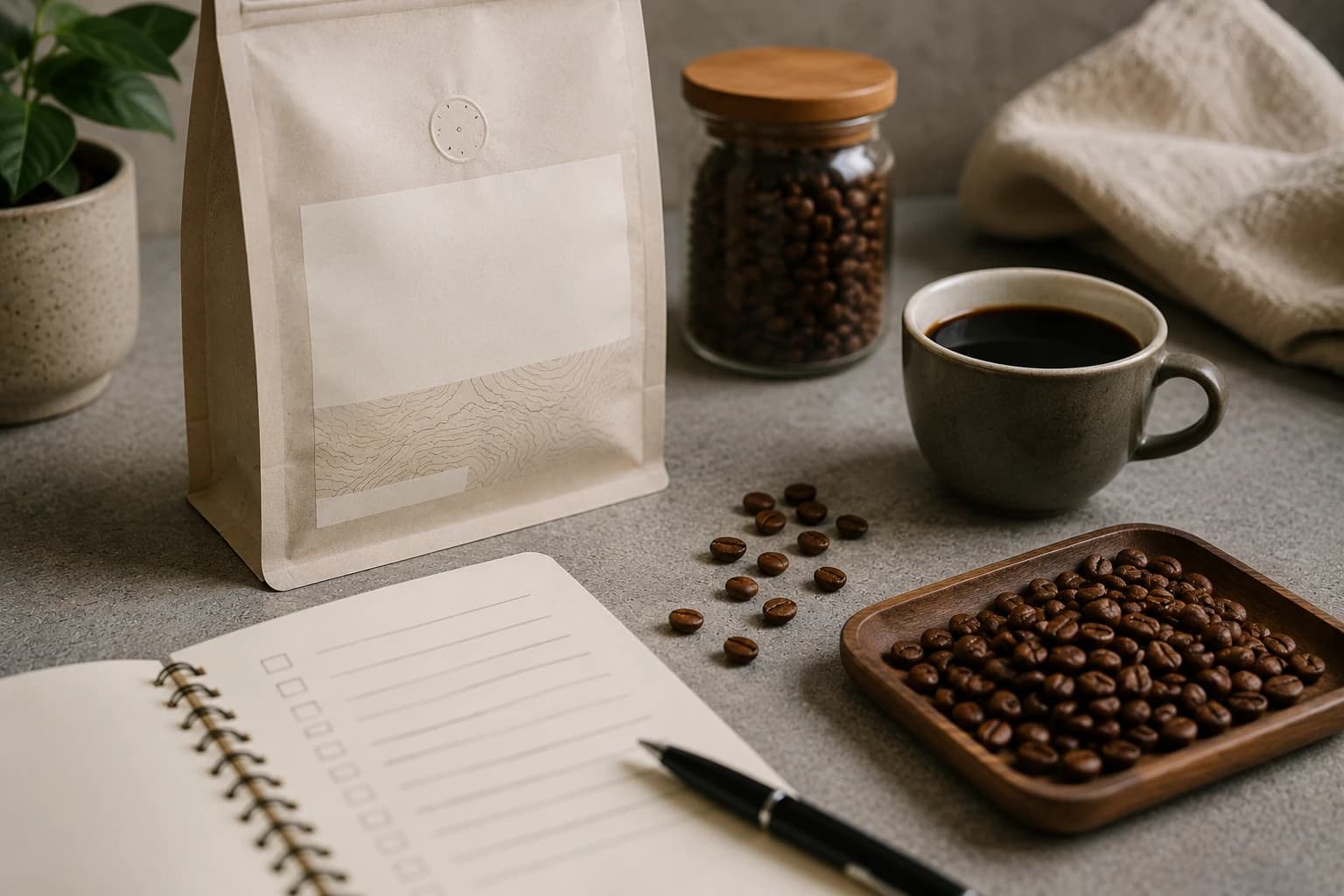 Close-up of a specialty coffee bag beside beans and a notebook showing origin process roast date and tasting note fields