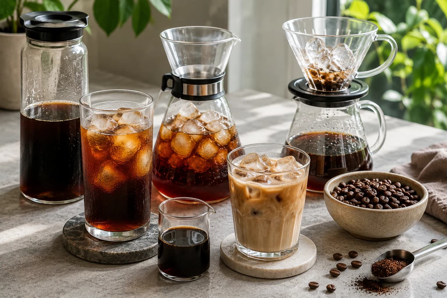 Cold brew, iced pour over, iced latte, and other iced coffee styles arranged for comparison.
