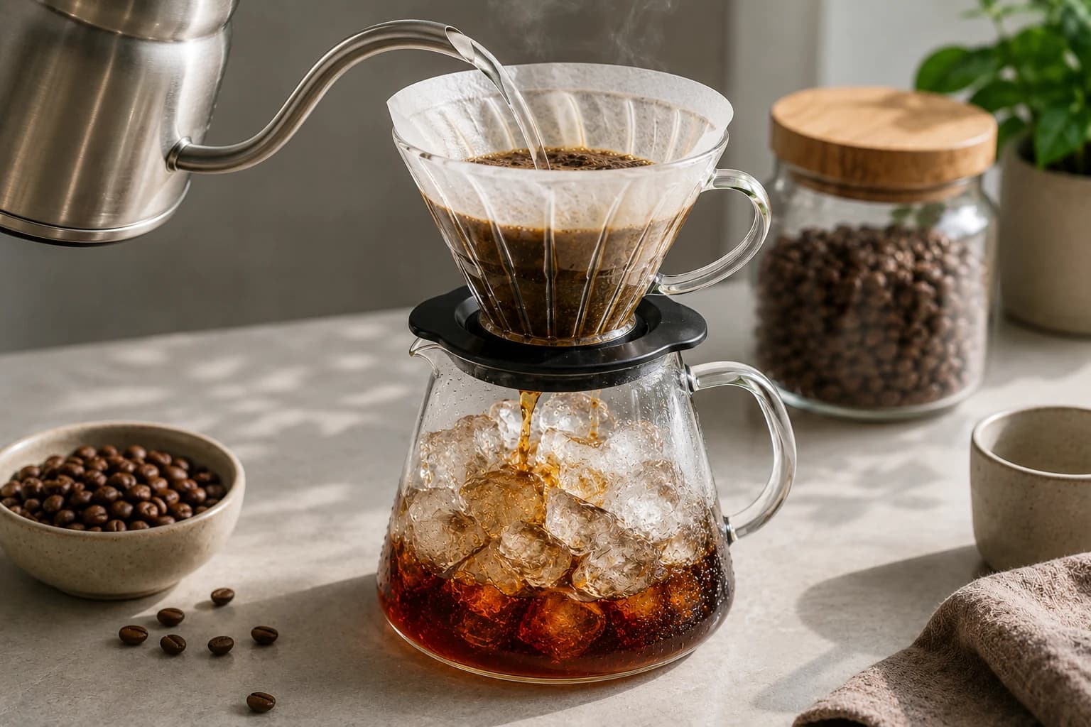 Hot pour over coffee dripping over ice for Japanese iced coffee.