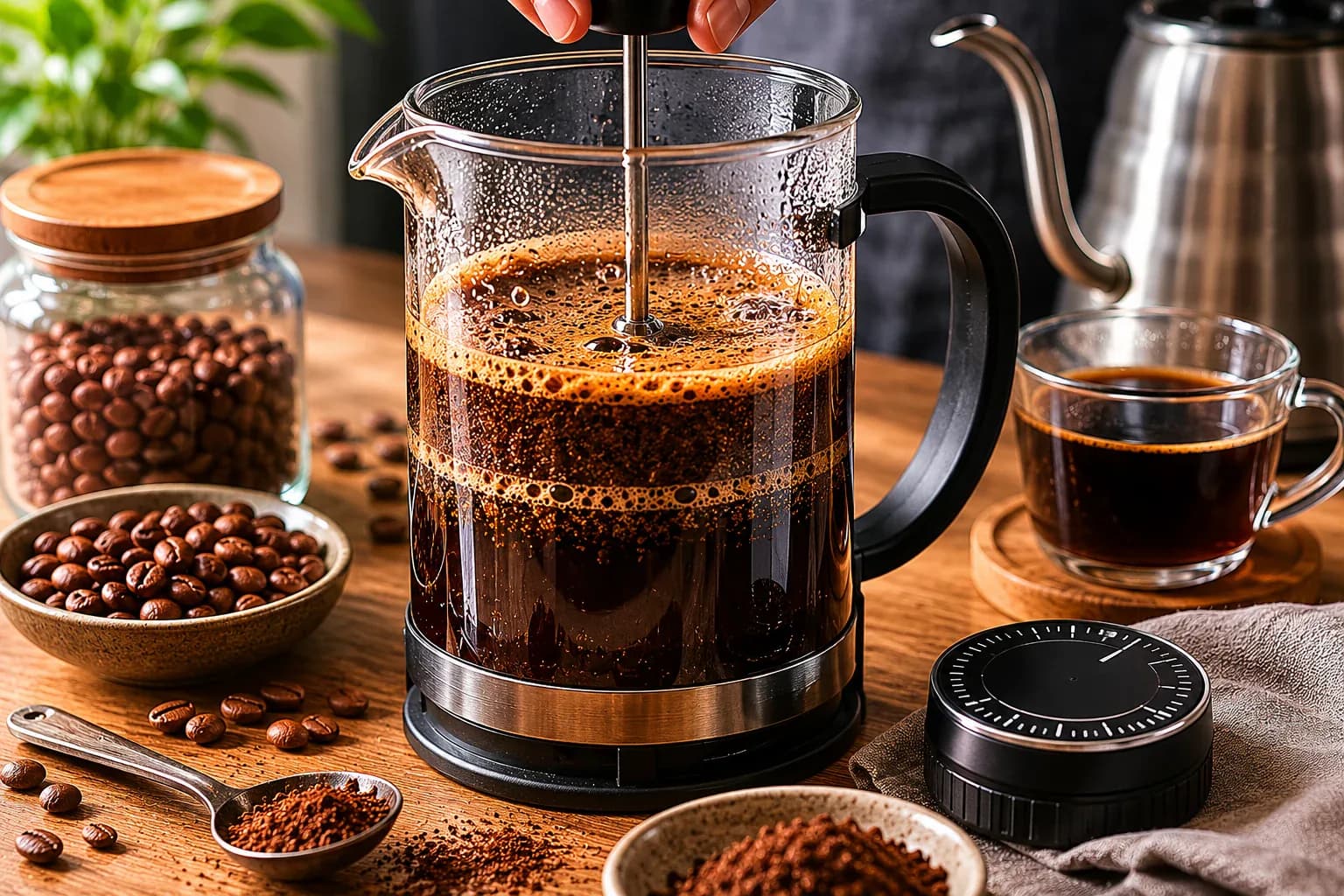 Ground coffee steeping in hot water inside a glass French press