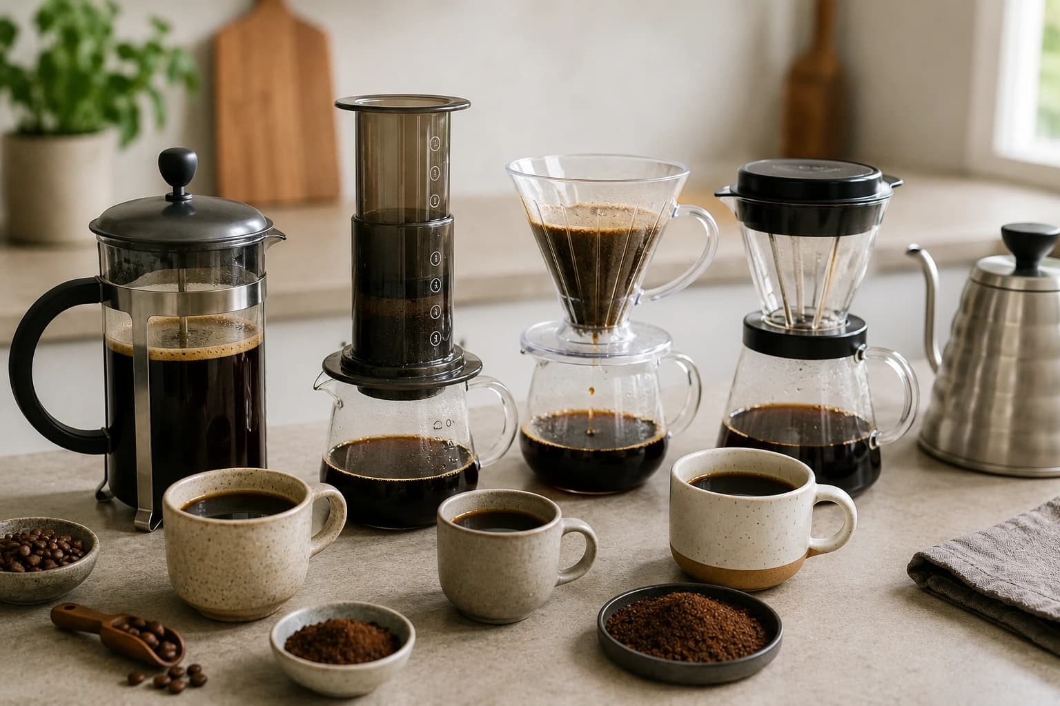 French press, AeroPress and steep-and-release immersion coffee brewers with prepared cups