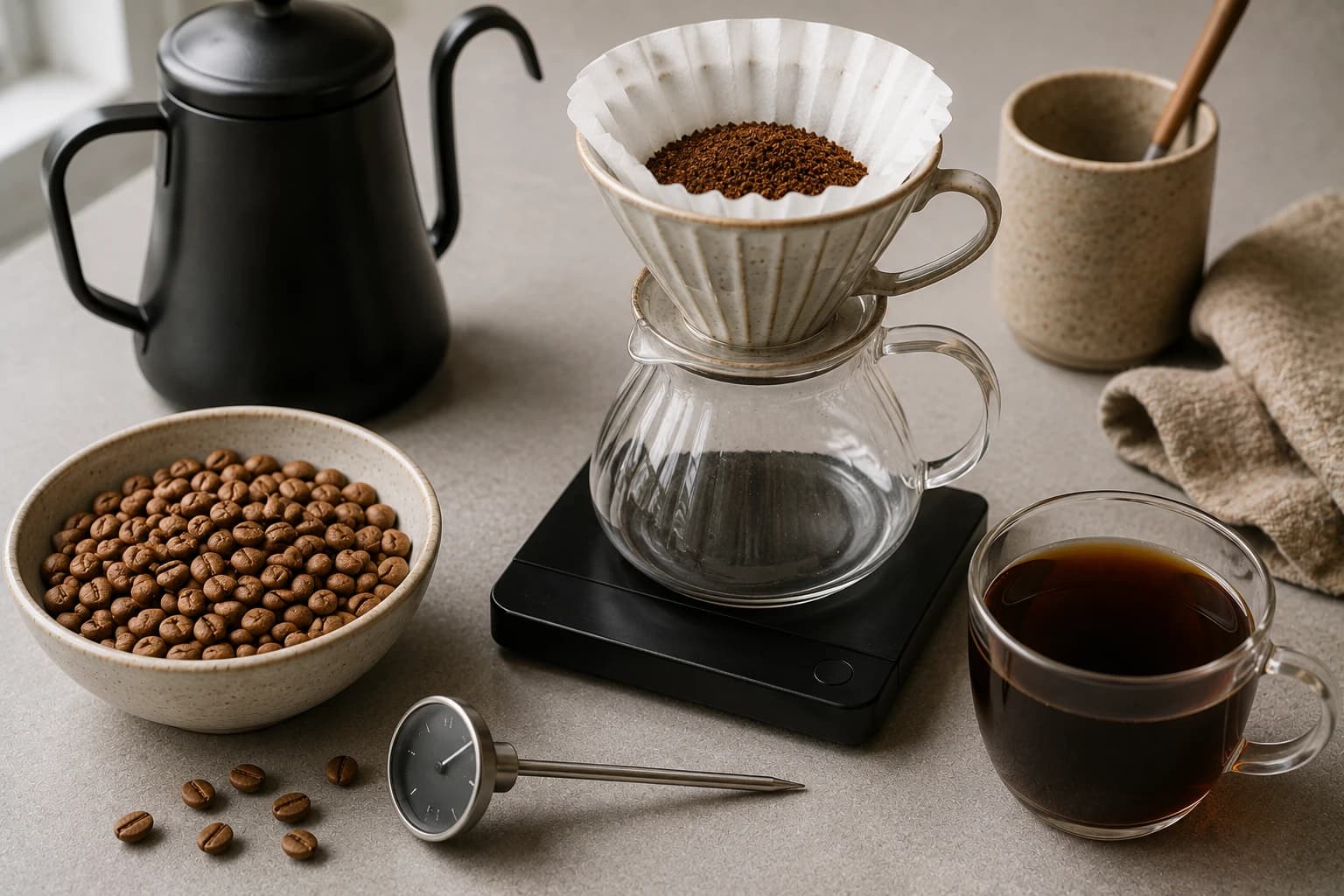 Light roast coffee beans beside a clear pour over cup and brewing tools for filter coffee.