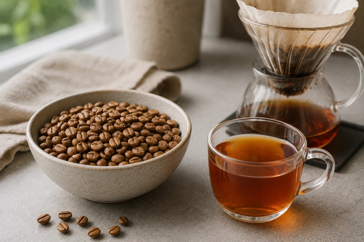 Light roast coffee beans with a clear pour over cup showing a bright amber filter coffee