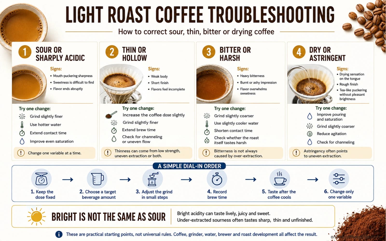 Light roast coffee troubleshooting chart for sour, thin, bitter, harsh, dry, and astringent cups.
