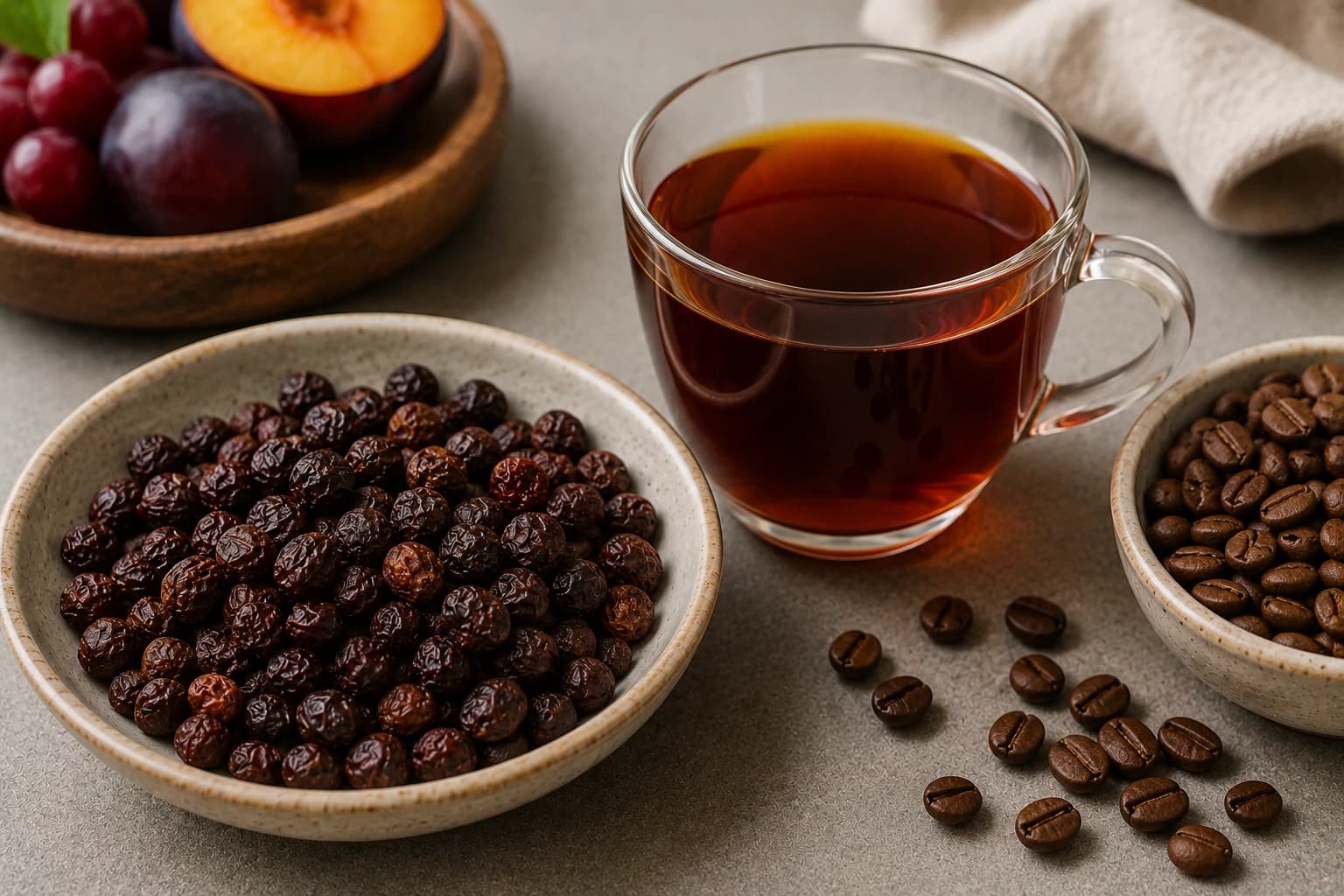 Natural process coffee cherries, dried fruit cues, roasted beans, and brewed coffee arranged together.