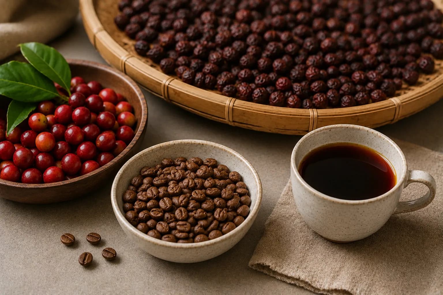 Natural process coffee cherries drying with roasted beans and a fruit-forward cup of filter coffee