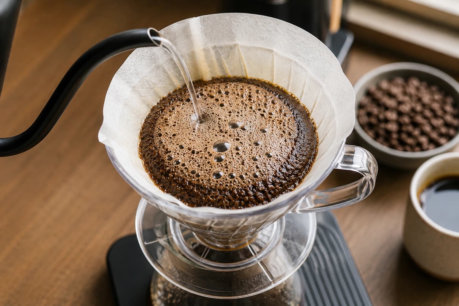 Close-up of coffee blooming in a pour over dripper as hot water releases gas from the coffee bed.