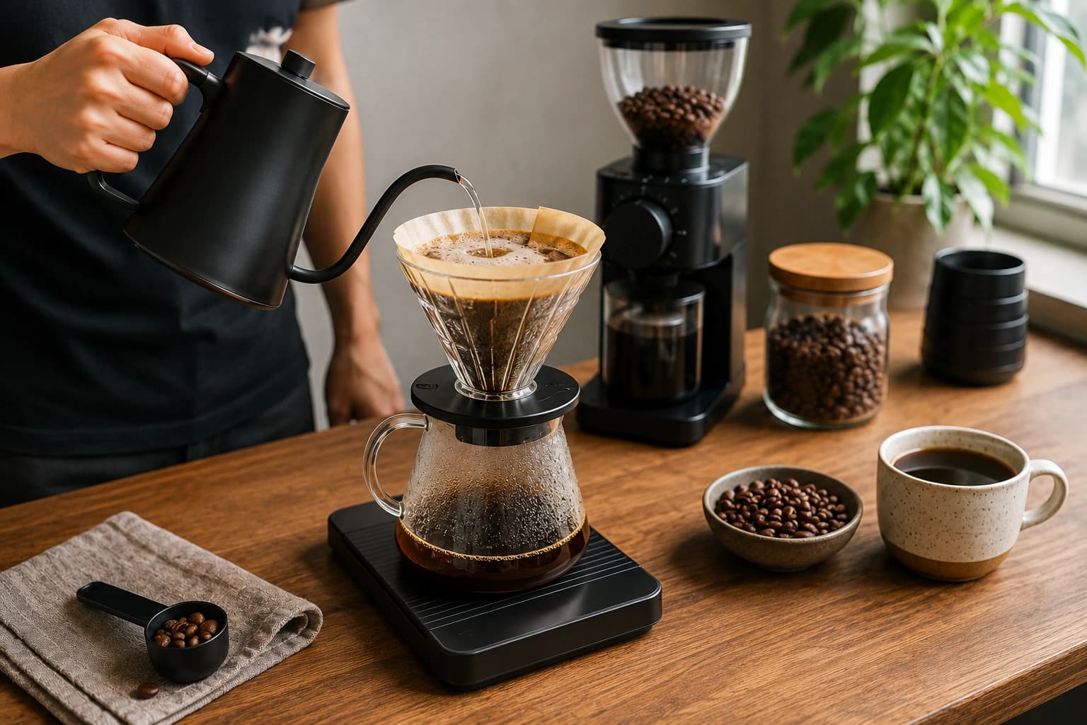 Pour over coffee brewing setup with dripper, kettle, scale, grinder, beans, and notebook.