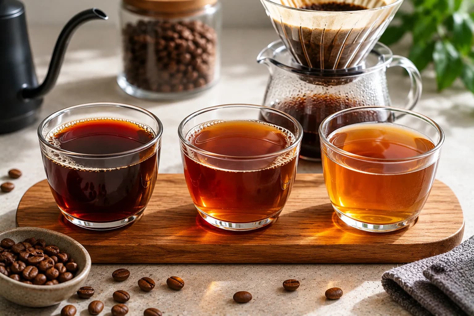 Measured ground coffee and brewing water beside a pour over dripper on a scale