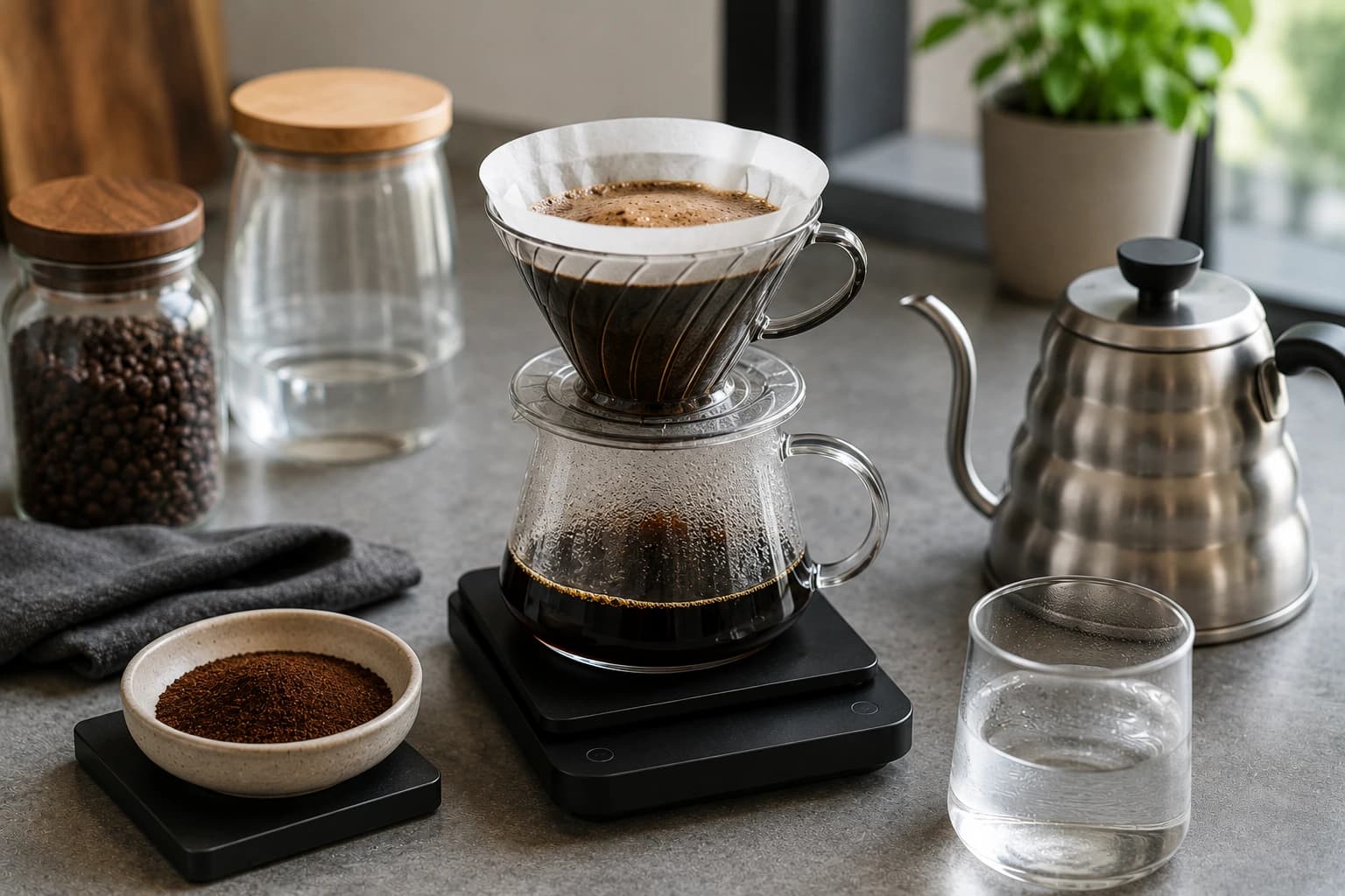 Pour over dripper, coffee grounds, kettle, and digital scale arranged for measuring coffee-to-water ratio