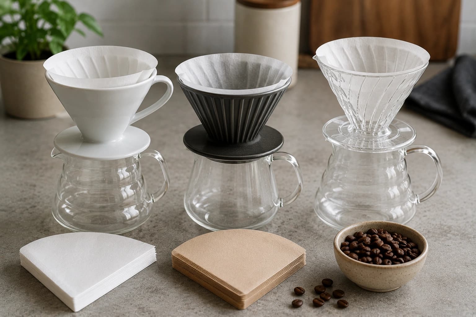 Pour over drippers, matching paper filters, kettle, grinder, scale, and servers arranged for comparison