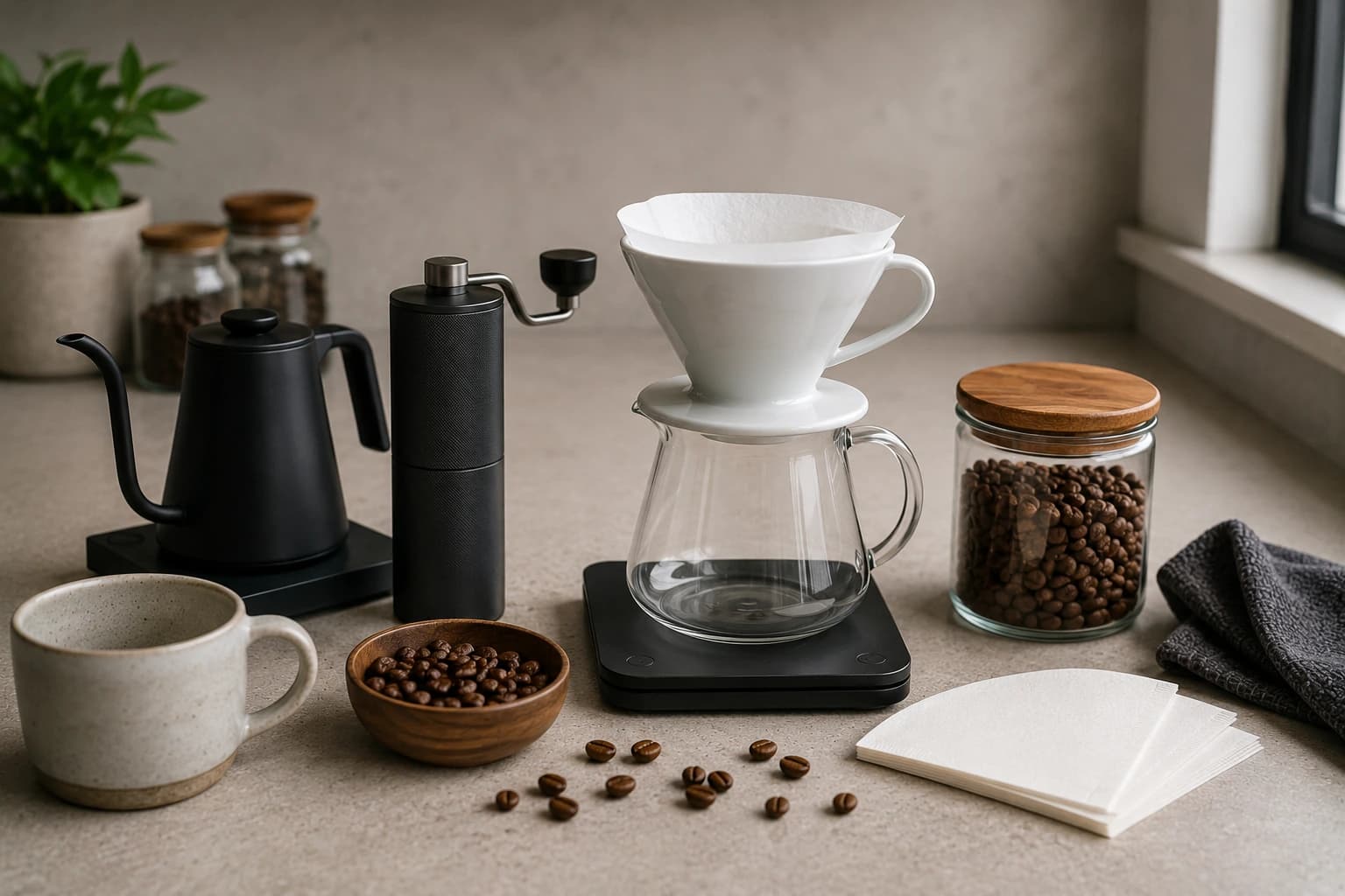 Complete pour over coffee setup with filter dripper, burr grinder, scale, kettle, filters, and glass server