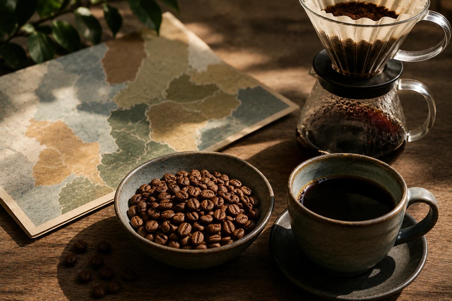 Single origin coffee beans with origin map, tasting cup and pour over setup on a clean table