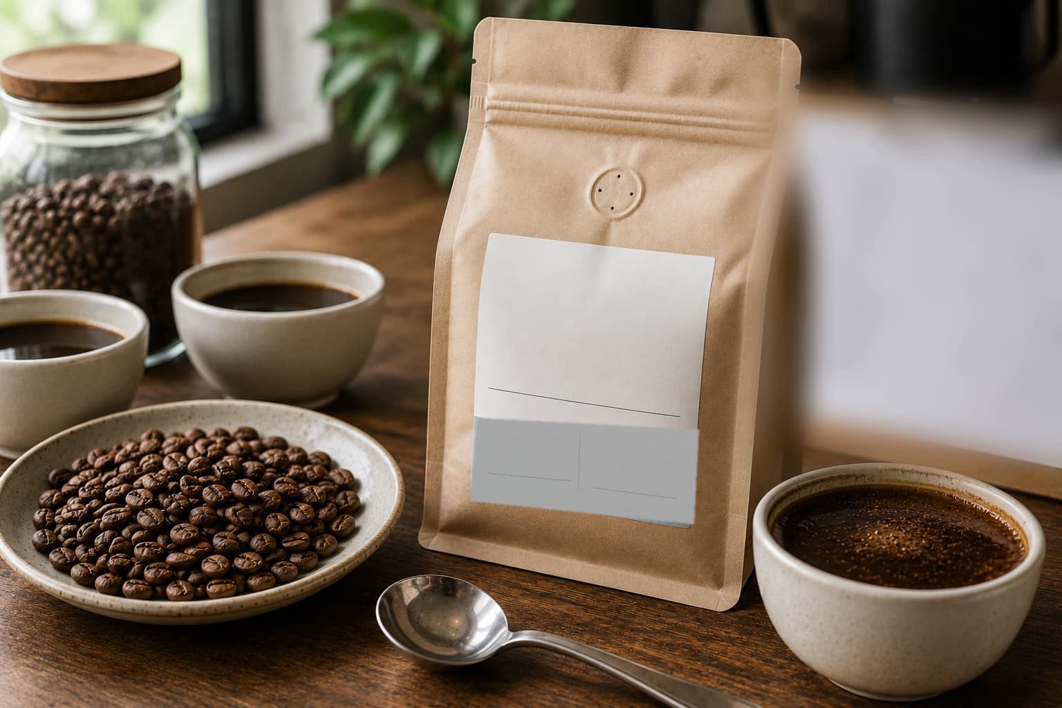 Specialty coffee tasting samples arranged with beans, brewed cups, and blank note cards.