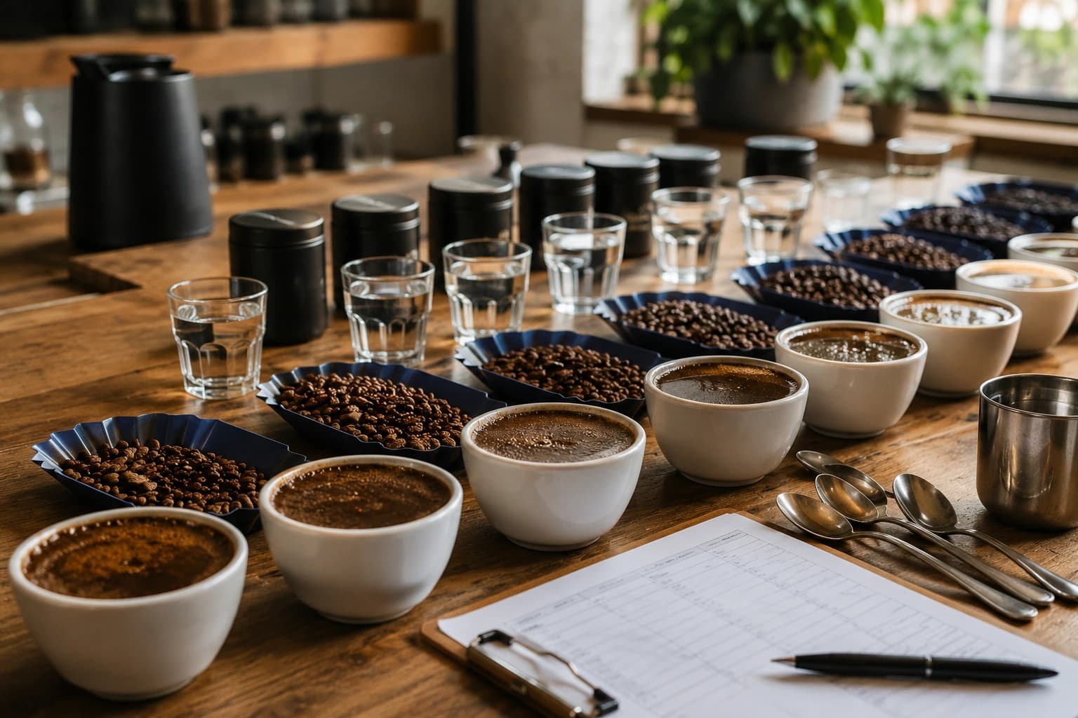 Specialty coffee cupping table with roasted samples, tasting bowls, water glasses, and score sheets.