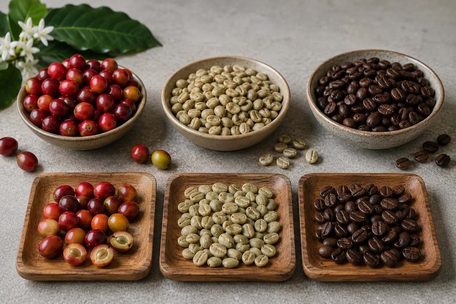 Coffee cherries, green coffee beans, and roasted beans displayed as processing stages.