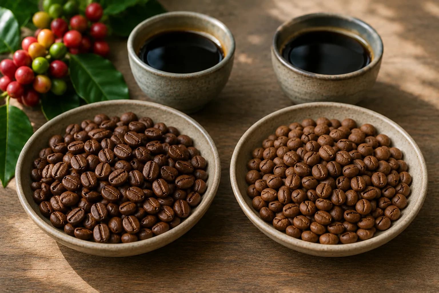 Arabica and robusta coffee beans in bowls with brewed coffee and coffee cherries.