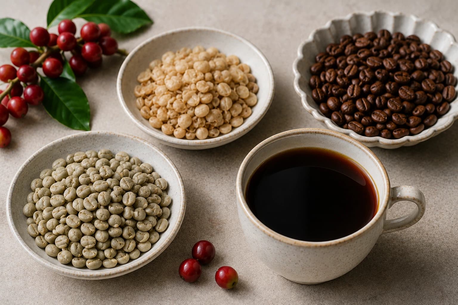 Washed process coffee beans, clean filter coffee, coffee cherries, and water-focused processing tools.