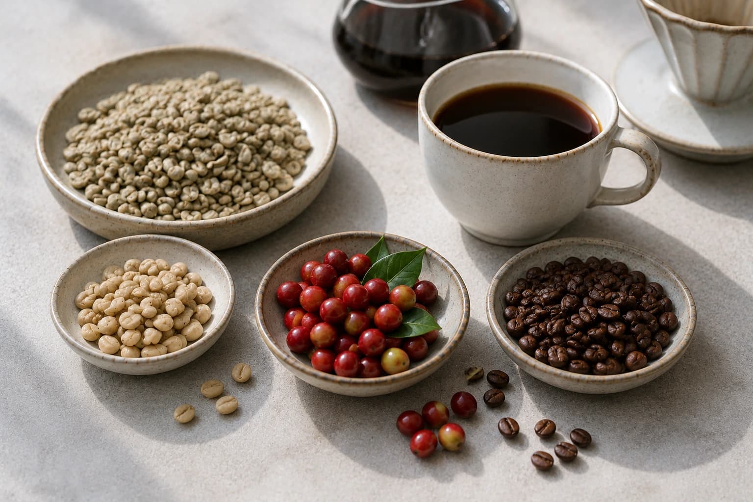 Washed process coffee beans and clean filter coffee with coffee cherries and water-focused processing setup