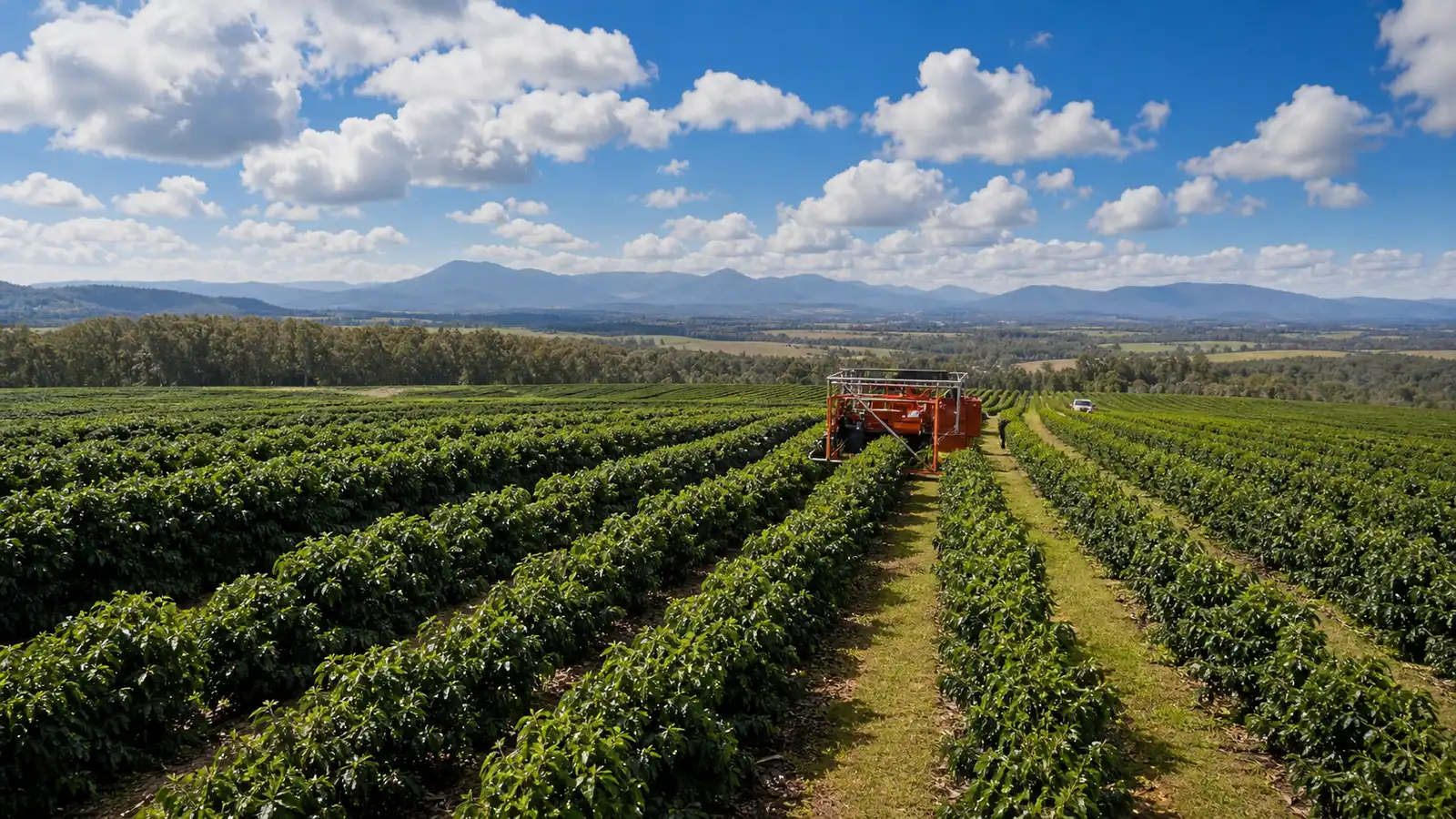 Australian coffee farm scene with organized rows and mechanized production context