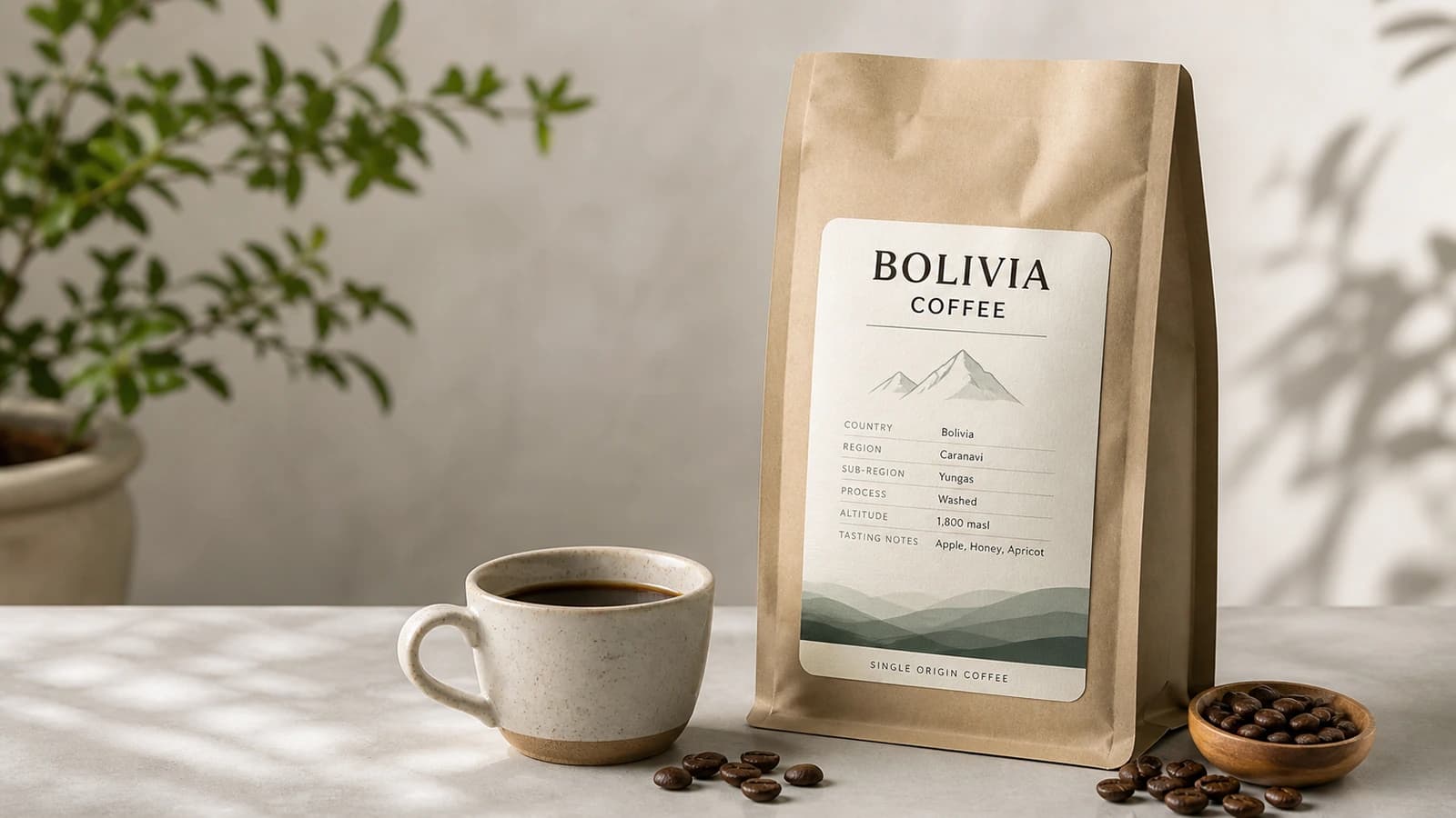 Bolivia coffee bag label checklist showing region, producer, altitude, process and freshness cues