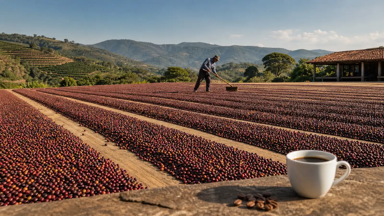 Brazilian coffee processing scene with coffee cherries and drying coffee