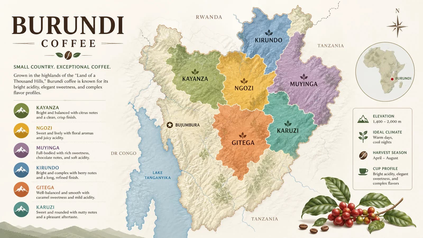 Map-style visual showing Burundi coffee-growing regions