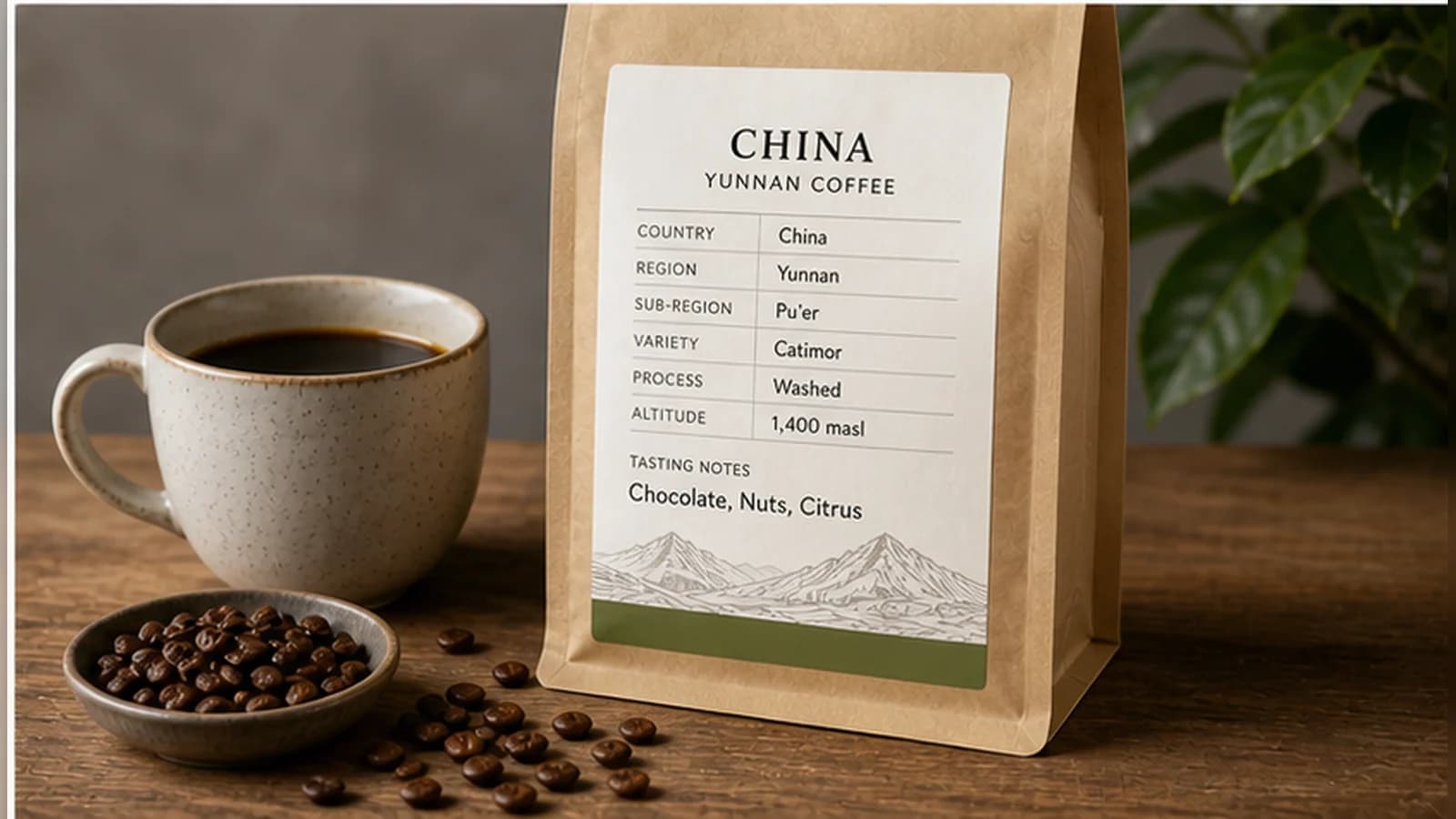 China coffee bag label checklist showing Yunnan region, process, variety and freshness cues