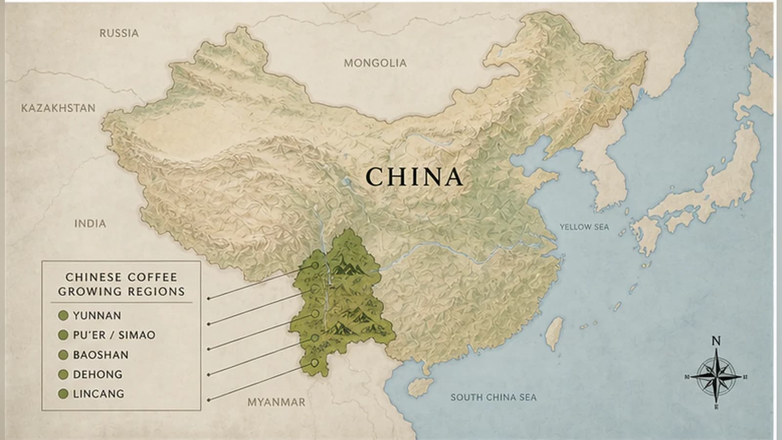 Map-style visual showing Chinese coffee-growing regions