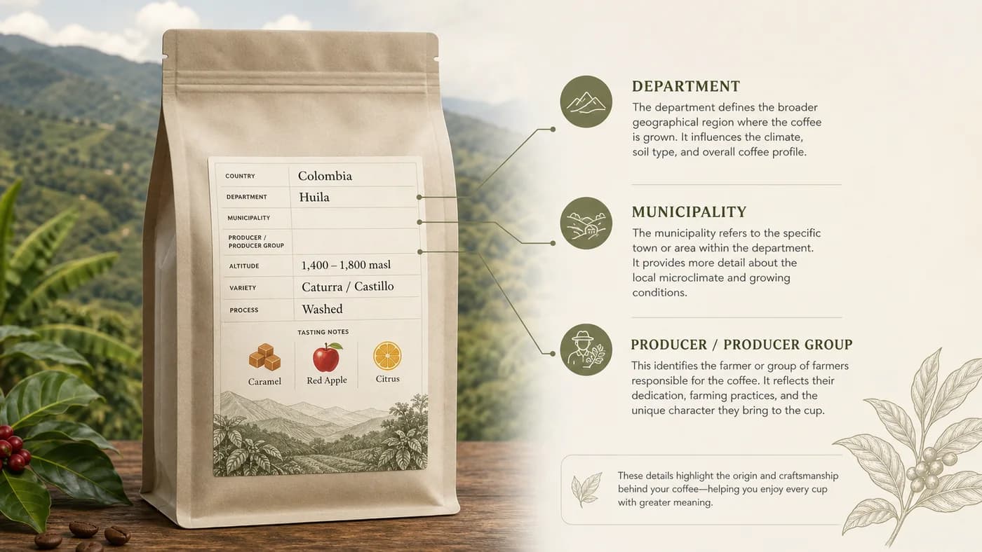 Colombian coffee bag label checklist showing region, process, variety, altitude and freshness cues