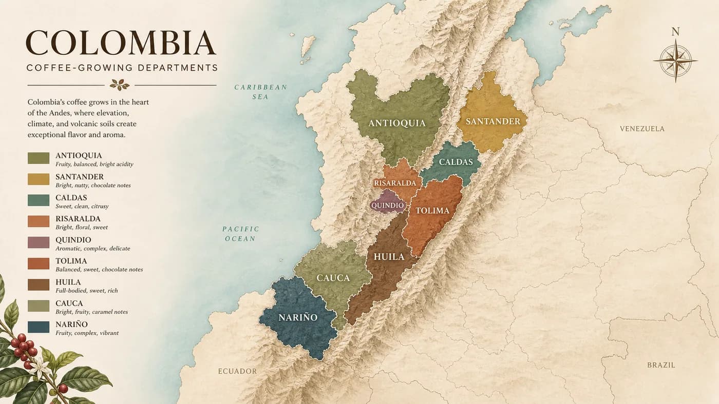 Map-style visual showing Colombian coffee-growing regions