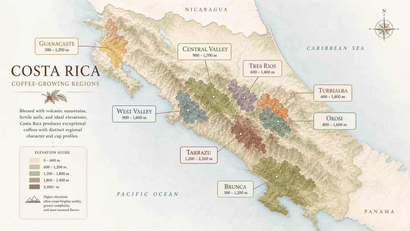 Map-style visual showing Costa Rican coffee-growing regions