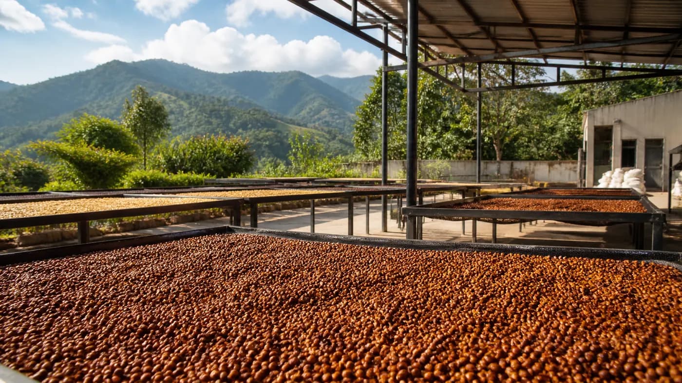 Costa Rican coffee processing scene with coffee cherries and drying coffee