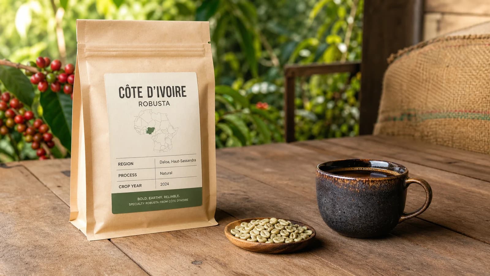 Côte d’Ivoire coffee bag label and brewed cup checklist showing Robusta, grade, drying and freshness cues