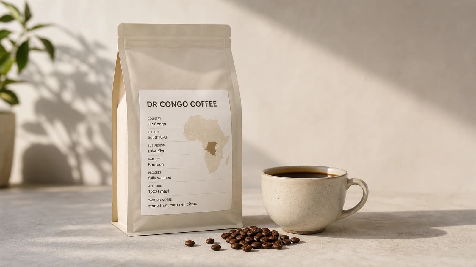 DR Congo coffee bag label checklist showing region, cooperative, washing station, process and freshness cues