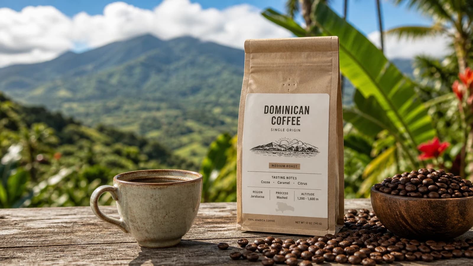 Dominican Republic coffee cup and label checklist showing region, process, altitude and freshness cues