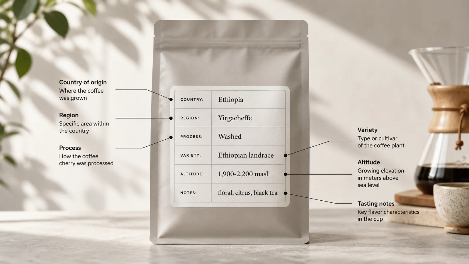 Illustrated Ethiopian coffee bag label checklist showing region, process, variety, harvest and freshness cues