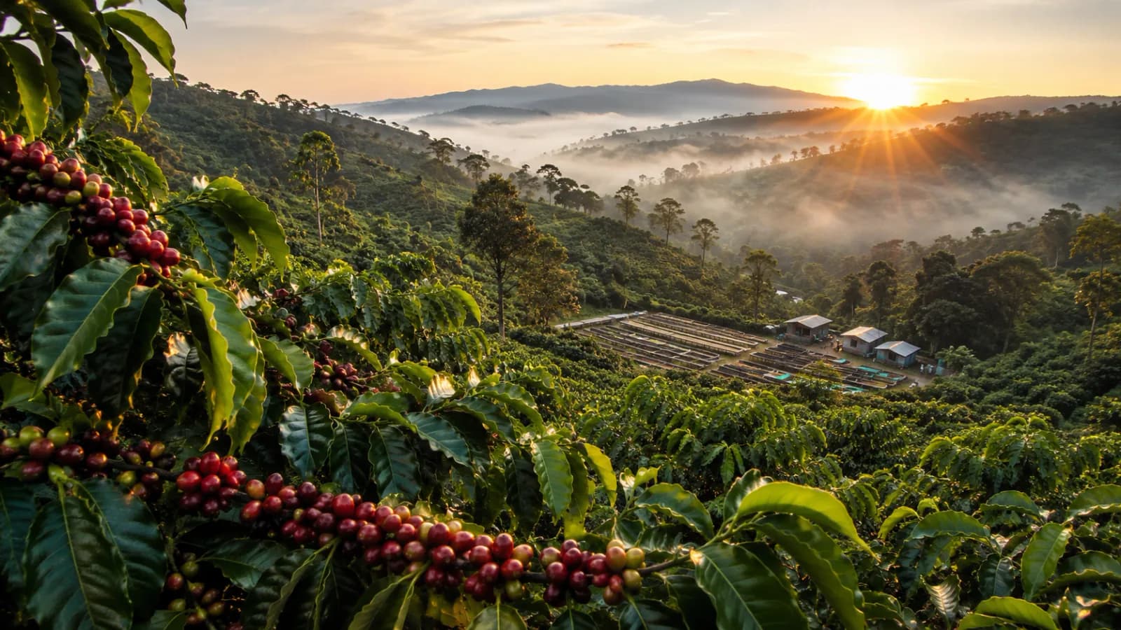 Representative African highland coffee farm with ripe coffee cherries and drying beds