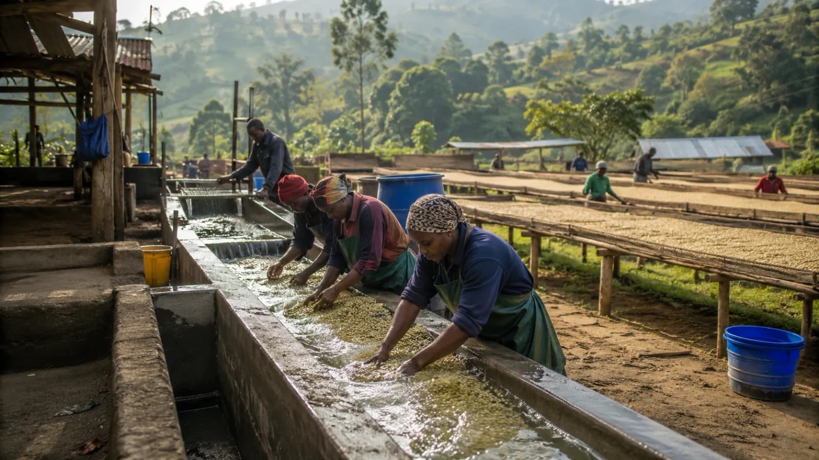 African coffee washing station with coffee processing and origin traceability context