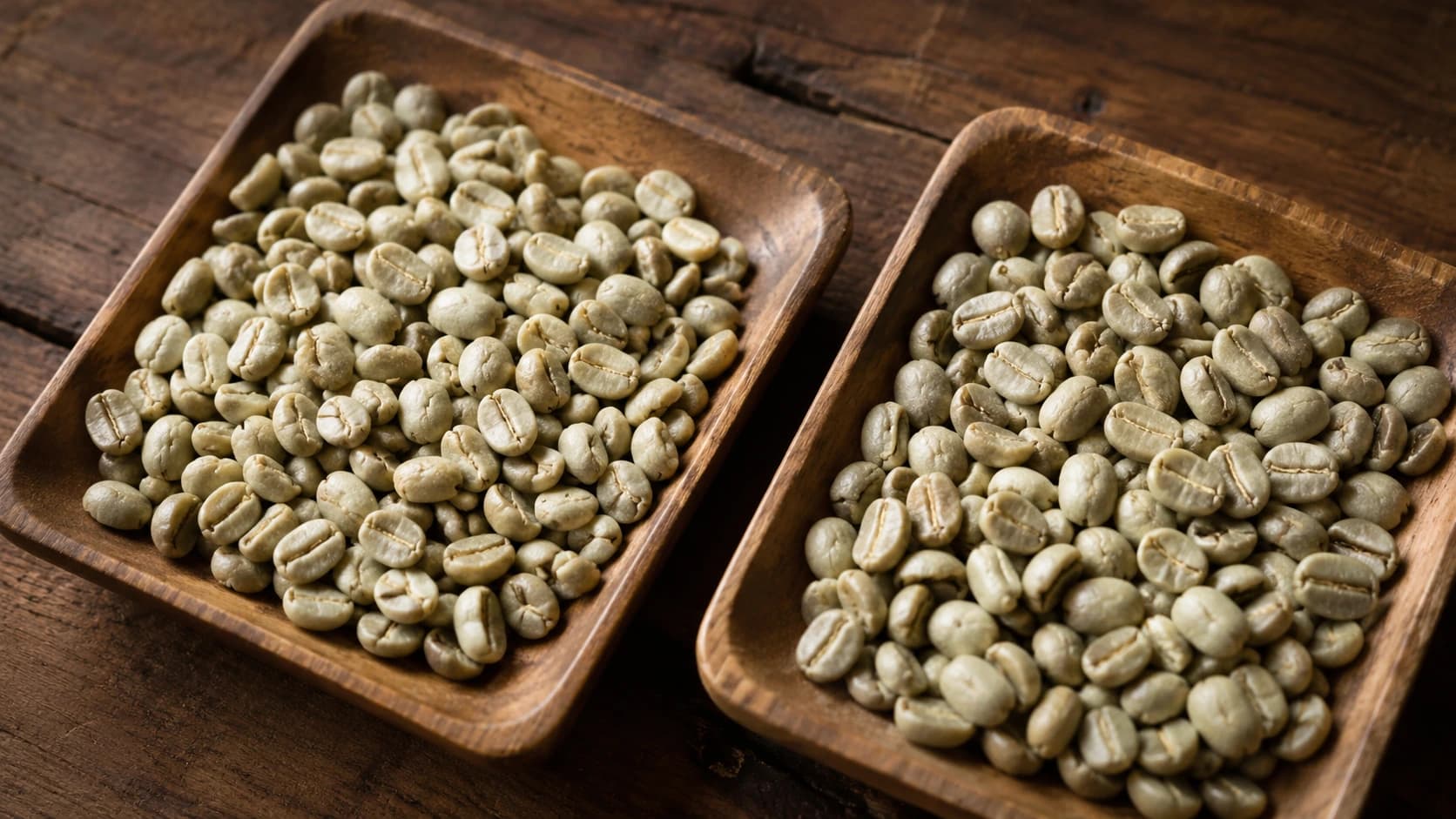 Arabica and robusta green coffee beans in comparison trays